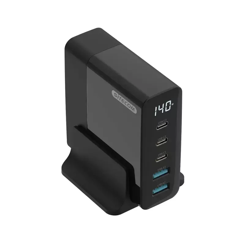 Cargador de dispositivos móviles Sitecom CH-1004 — Cargador universal de CA para interior, entrada 100–240V, salida hasta 20V, 3× USB-C, negro