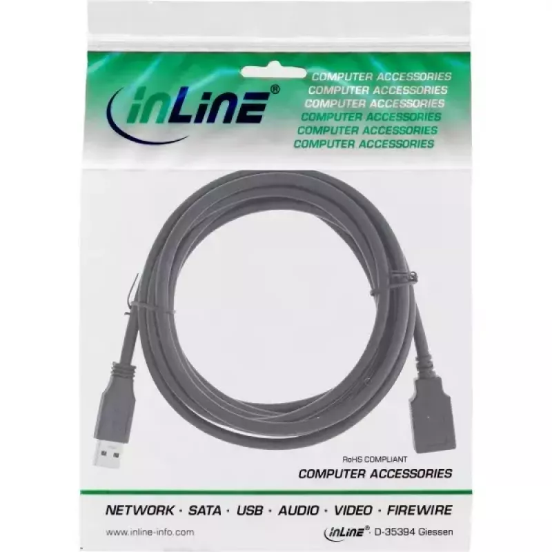 Cable de extensión USB 3.2 Gen 1 (USB 3.0) conector macho A–conector hembra A, InLine, 2 m, negro — pack de 50