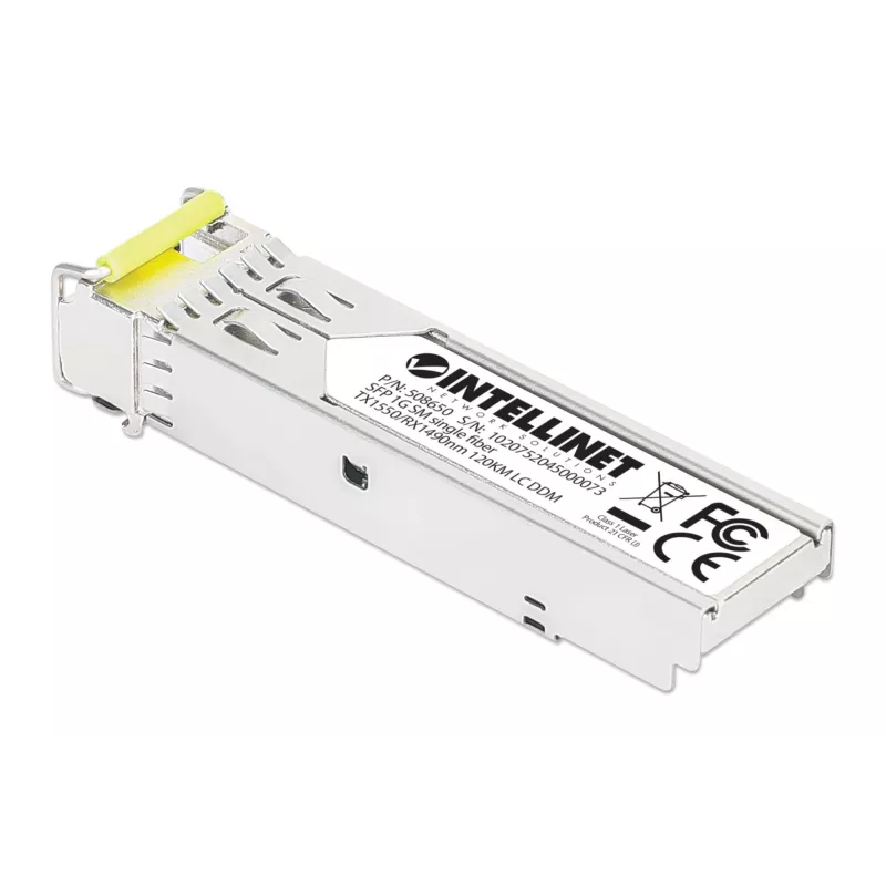 Módulo transceptor óptico SFP bidireccional Intellinet Gigabit Fiber WDM 1000Base-BX-D (LC) puerto monomodo, 120 km, BiDi WDM (RX1490/TX1550), conforme MSA para máxima compatibilidad, plateado