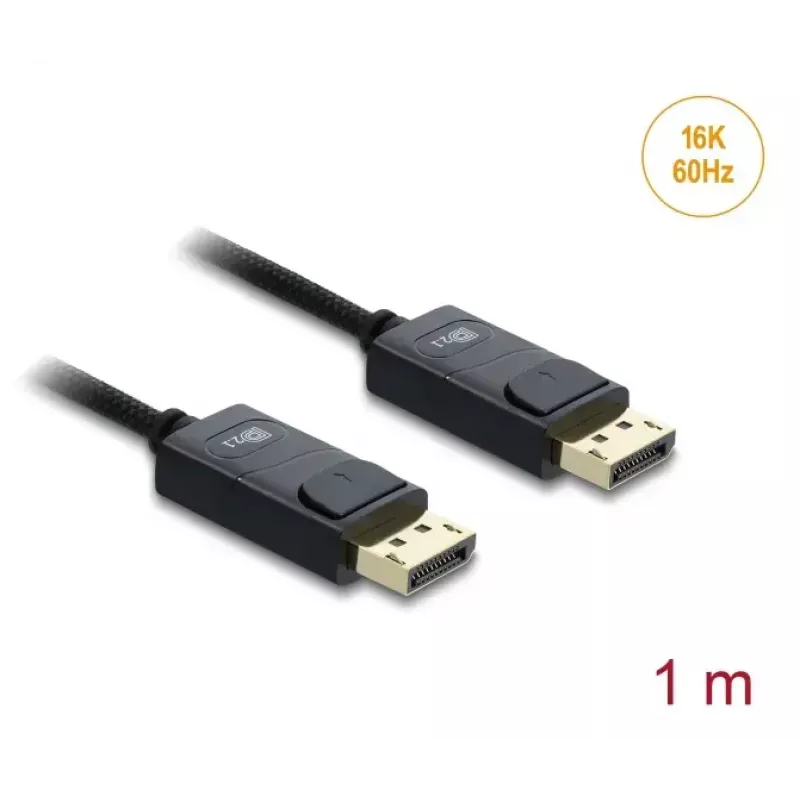 Cable coaxial DisplayPort DELOCK 16K 60 Hz 80 Gbit/s funda trenzada 1 m, DisplayPort a DisplayPort, negro