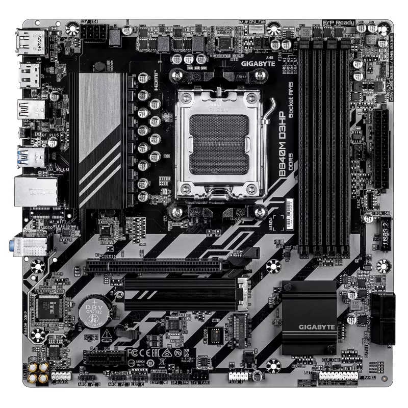 Placa base GIGABYTE B840M D3HP - CPU AMD Ryzen 9000, VRM 8+2+2 fases, hasta 8200MHz DDR5(O.C), 2xPCIe 4.0 M.2, 1GbE LAN, USB 3.2 Gen 2