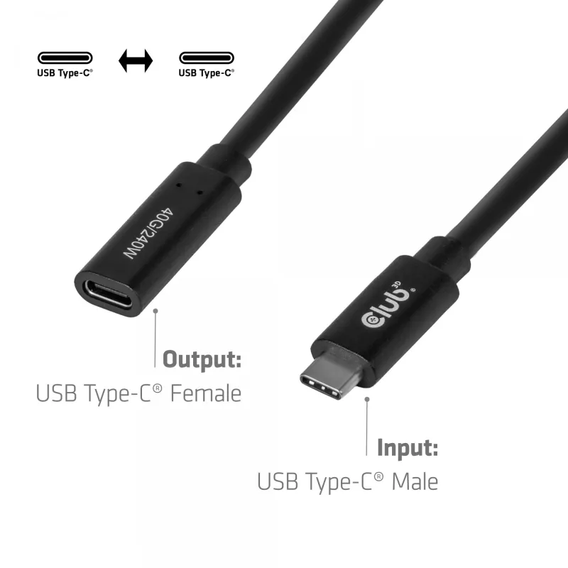Cable de extensión USB-C 40Gbps 1 m — club 3d, USB C a USB C, negro