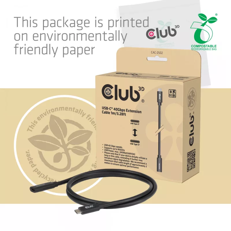 Cable de extensión USB-C 40Gbps 1 m — club 3d, USB C a USB C, negro