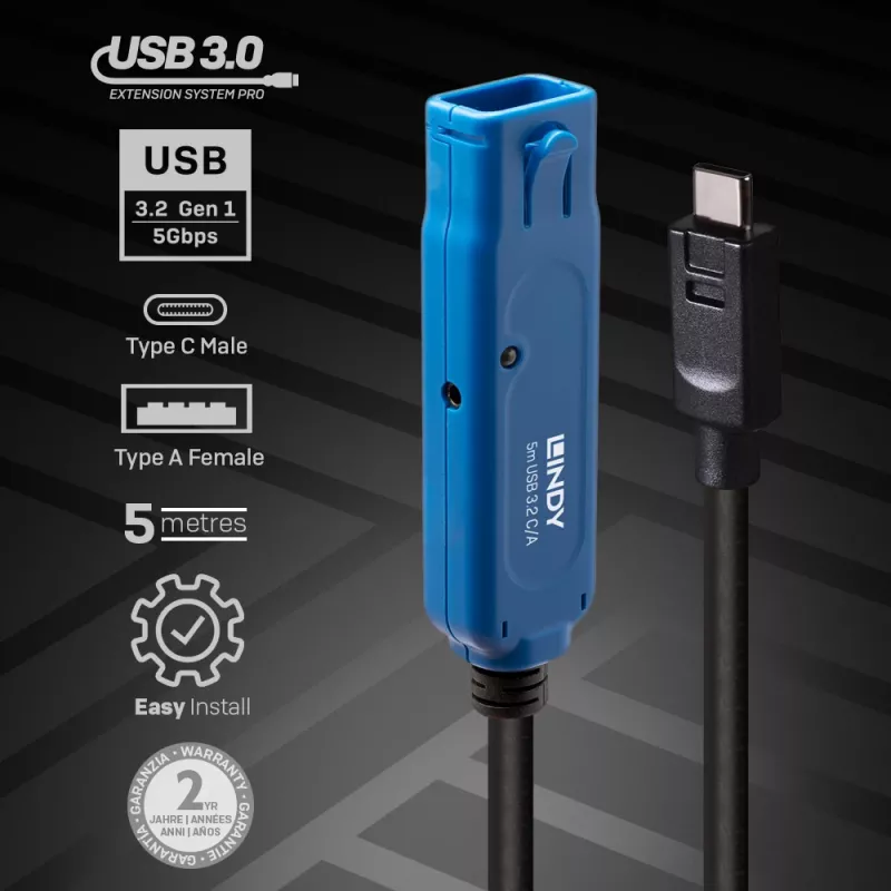Lindy 5m USB 3.2 Gen 1 C/A Active Extension Pro, 5 m, USB C, USB A, USB 3.2 Gen 1 (3.1 Gen 1), negro