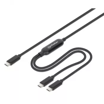 Cable de carga dual USB-C a USB-C Manhattan, 100 W, 2 m, conector macho a dos conectores macho, cable divisor inteligente, carga dos dispositivos desde un solo puerto USB-C PD, ofrece hasta 100 W en carga individual y hasta 70 W + 28 W en carga doble, cable trenzado, conectores de aluminio, negro