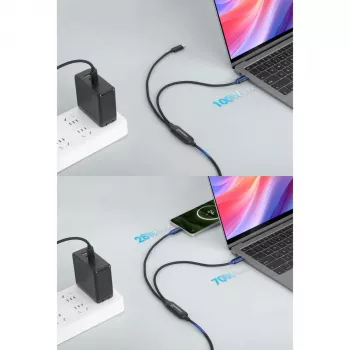 Cable de carga dual USB-C a USB-C Manhattan, 100 W, 2 m, conector macho a dos conectores macho, cable divisor inteligente, carga dos dispositivos desde un solo puerto USB-C PD, ofrece hasta 100 W en carga individual y hasta 70 W + 28 W en carga doble, cable trenzado, conectores de aluminio, negro