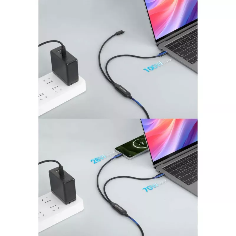 Cable de carga dual USB-C a USB-C Manhattan, 100 W, 2 m, conector macho a dos conectores macho, cable divisor inteligente, carga dos dispositivos desde un solo puerto USB-C PD, ofrece hasta 100 W en carga individual y hasta 70 W + 28 W en carga doble, cable trenzado, conectores de aluminio, negro