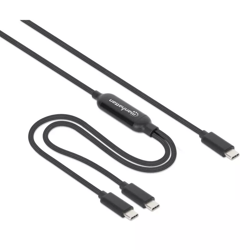 Cable de carga dual USB-C a USB-C Manhattan, 100 W, 2 m, conector macho a dos conectores macho, cable divisor inteligente, carga dos dispositivos desde un solo puerto USB-C PD, ofrece hasta 100 W en carga individual y hasta 70 W + 28 W en carga doble, cable trenzado, conectores de aluminio, negro