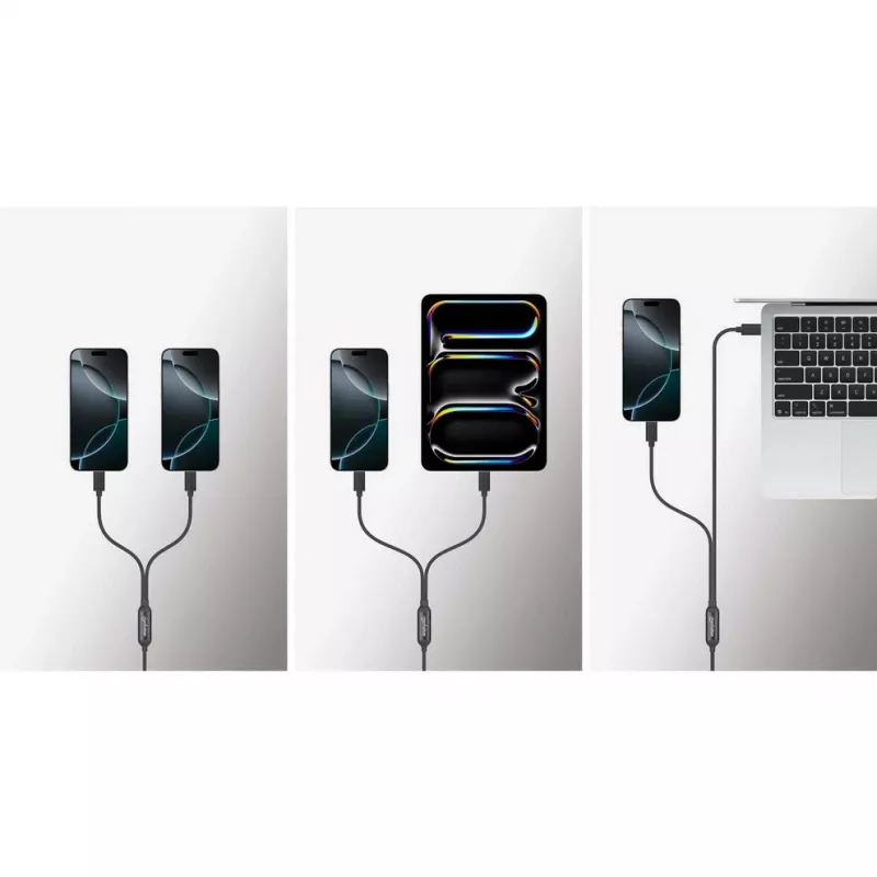 Cable de carga dual USB-C a USB-C Manhattan, 100 W, 2 m, conector macho a dos conectores macho, cable divisor inteligente, carga dos dispositivos desde un solo puerto USB-C PD, ofrece hasta 100 W en carga individual y hasta 70 W + 28 W en carga doble, cable trenzado, conectores de aluminio, negro