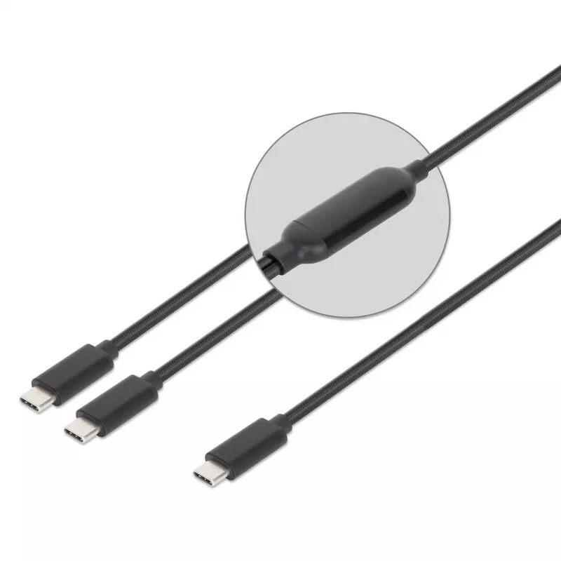Cable de carga dual USB-C a USB-C Manhattan, 100 W, 2 m, conector macho a dos conectores macho, cable divisor inteligente, carga dos dispositivos desde un solo puerto USB-C PD, ofrece hasta 100 W en carga individual y hasta 70 W + 28 W en carga doble, cable trenzado, conectores de aluminio, negro