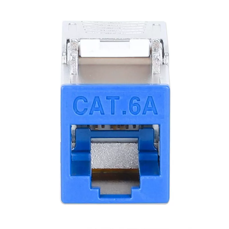 Jack Keystone Cat6a 10G blindado sin herramientas delgado Intellinet, plano, azul, RJ-45, IDC, conector hembra, oro