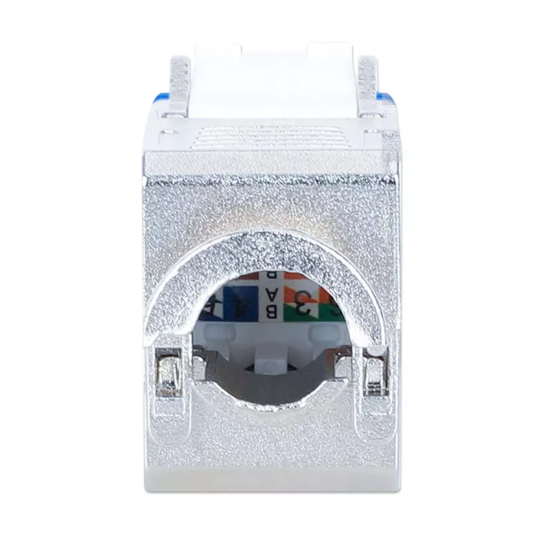 Jack Keystone Cat6a 10G blindado sin herramientas delgado Intellinet, plano, azul, RJ-45, IDC, conector hembra, oro