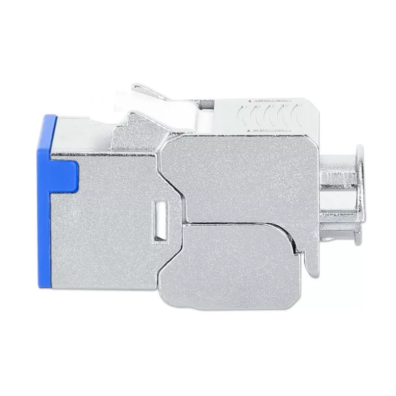 Jack Keystone Cat6a 10G blindado sin herramientas delgado Intellinet, plano, azul, RJ-45, IDC, conector hembra, oro