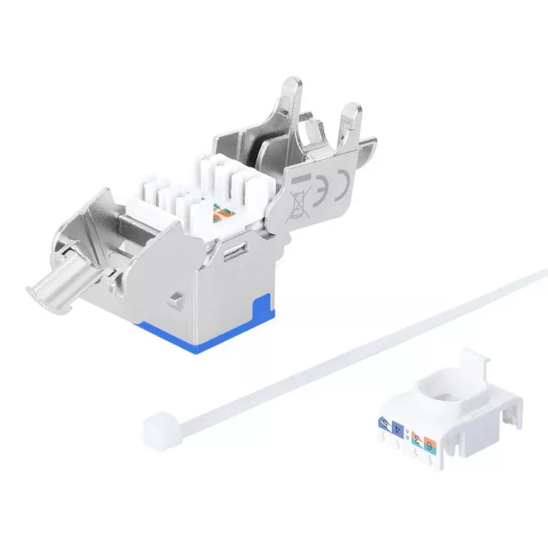 Jack Keystone Cat6a 10G blindado sin herramientas delgado Intellinet, plano, azul, RJ-45, IDC, conector hembra, oro