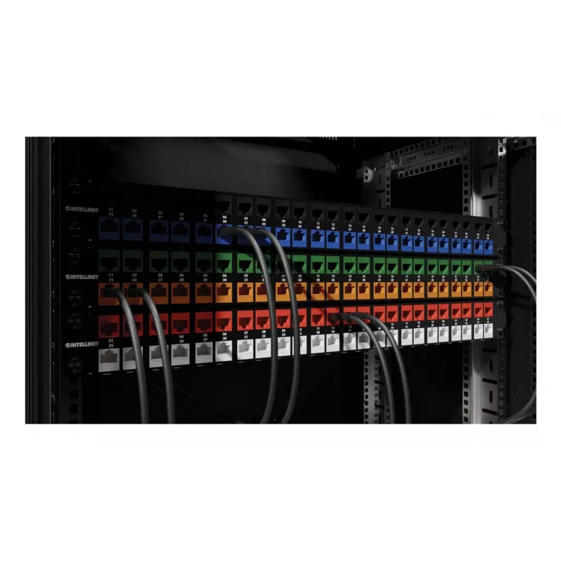 Jack Keystone Cat6a 10G blindado sin herramientas delgado Intellinet, plano, azul, RJ-45, IDC, conector hembra, oro