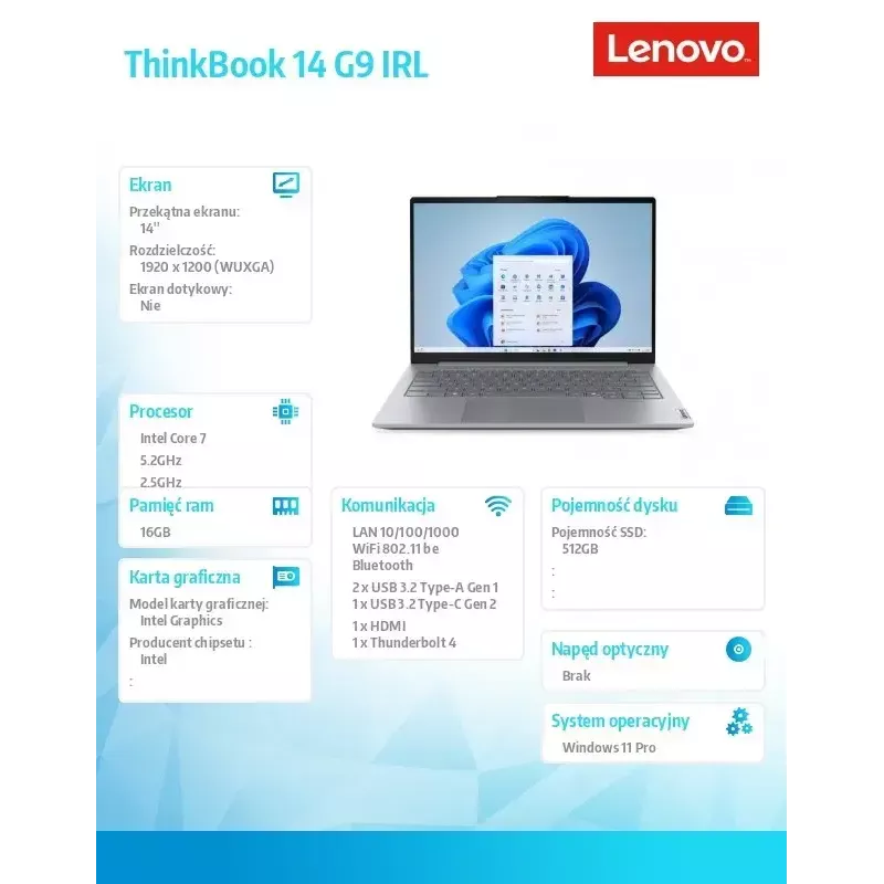 Portátil Lenovo ThinkBook 14 G9 21UY007TPB — 14,0 inch WUXGA 240 Hz, Intel, 16 GB RAM, 512 GB SSD, Windows 11 Pro, Luna Grey, 3 años de garantía