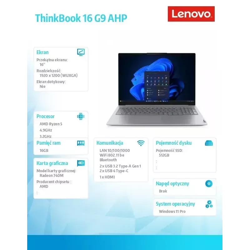 Portátil Lenovo ThinkBook 16 G9 21UT0077PB Windows 11 Pro, Intel (no especificado), 16,0