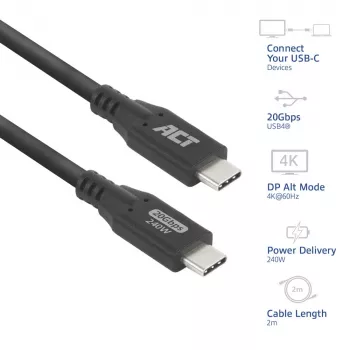 Cable USB Type-C ACT USB4 20Gbps 240W, 2 metros, 2 m, USB C, USB C, USB4 Gen 2x2, 20 Gbit/s, negro