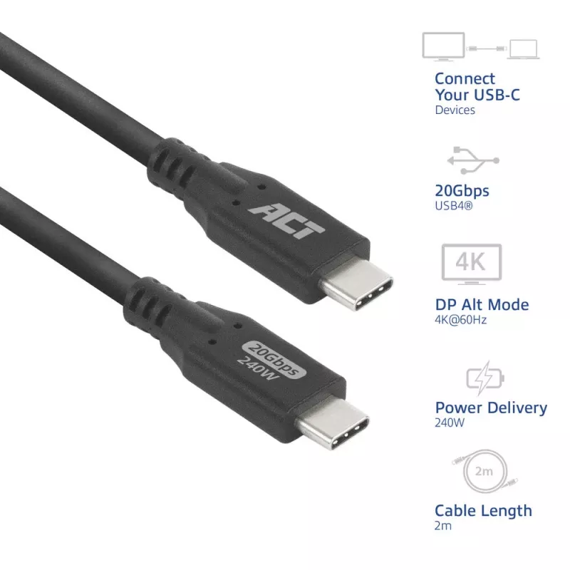 Cable USB Type-C ACT USB4 20Gbps 240W, 2 metros, 2 m, USB C, USB C, USB4 Gen 2x2, 20 Gbit/s, negro
