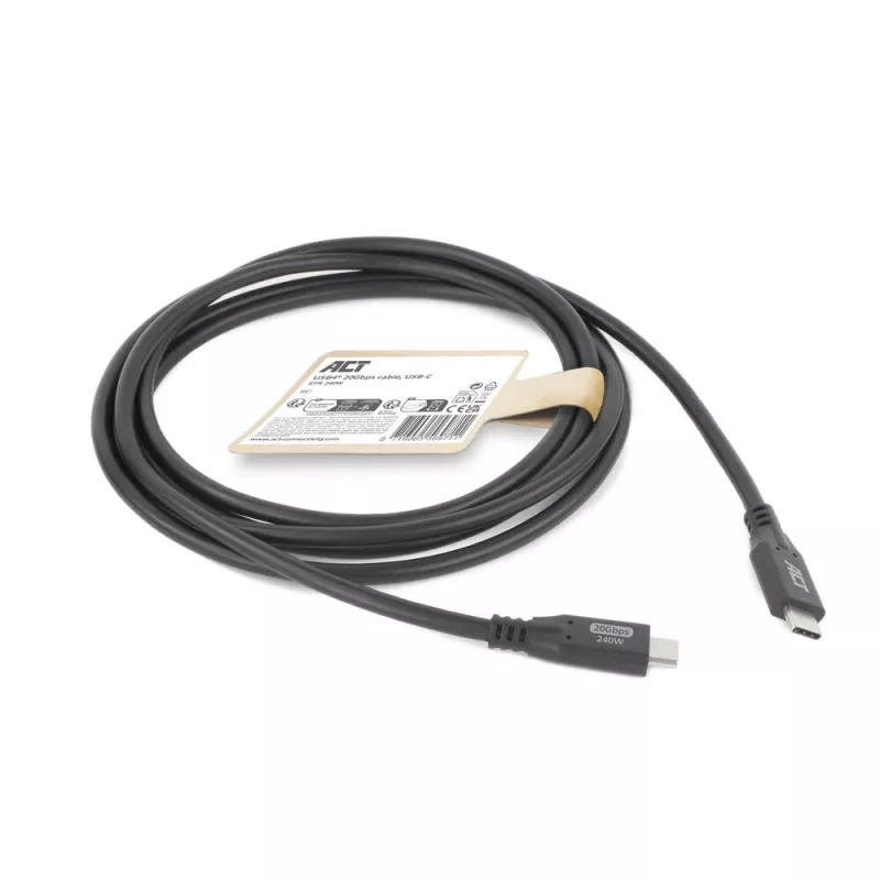 Cable USB Type-C ACT USB4 20Gbps 240W, 2 metros, 2 m, USB C, USB C, USB4 Gen 2x2, 20 Gbit/s, negro