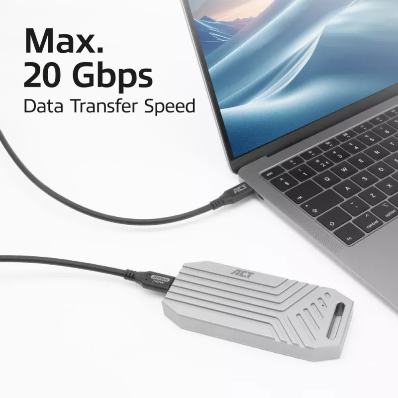 Cable USB Type-C ACT USB4 20Gbps 240W, 2 metros, 2 m, USB C, USB C, USB4 Gen 2x2, 20 Gbit/s, negro