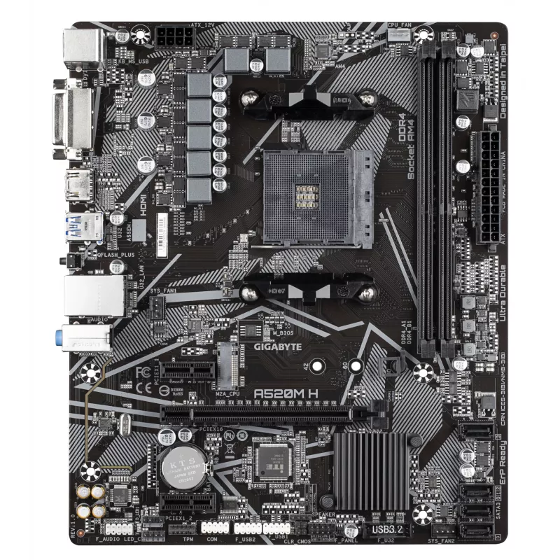 GIGABYTE A520M H Placa base - Compatible con CPUs AMD Ryzen 5000 Serie AM4, VRM Pure Digital de 4+3 fases, hasta 5100 MHz DDR4 (OC), PCIe 3.0 x4 M.2, GbE LAN, USB 3.2 Gen 1