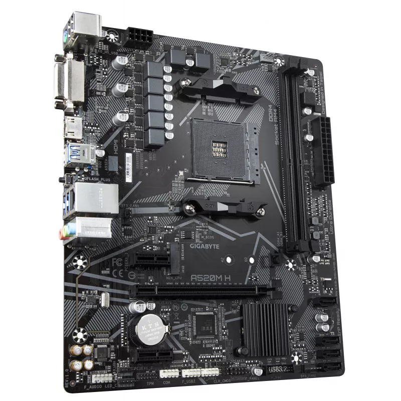 GIGABYTE A520M H Placa base - Compatible con CPUs AMD Ryzen 5000 Serie AM4, VRM Pure Digital de 4+3 fases, hasta 5100 MHz DDR4 (OC), PCIe 3.0 x4 M.2, GbE LAN, USB 3.2 Gen 1
