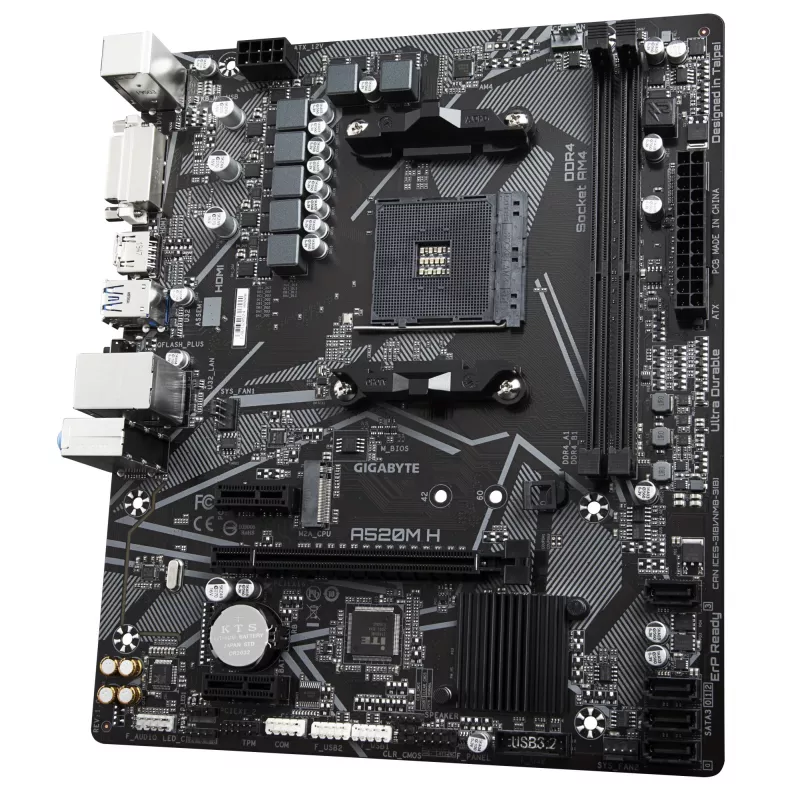 GIGABYTE A520M H Placa base - Compatible con CPUs AMD Ryzen 5000 Serie AM4, VRM Pure Digital de 4+3 fases, hasta 5100 MHz DDR4 (OC), PCIe 3.0 x4 M.2, GbE LAN, USB 3.2 Gen 1
