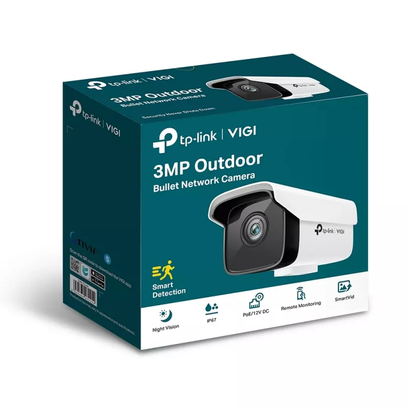 Cámara de seguridad IP TP-Link VIGI 3MP Cámara de red tipo bala para exteriores, 3 MP, 30 fps, visión nocturna 30 m, cableada, blanca