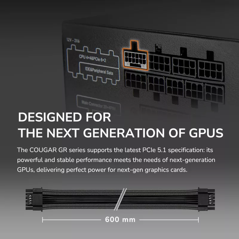 Fuente de alimentación COUGAR GR 750W ATX3.1/PCIE 5.1 / 80 Plus Gold, 750 W, 100 - 240 V, 50/60 Hz, 10 A, 100 W, 750 W