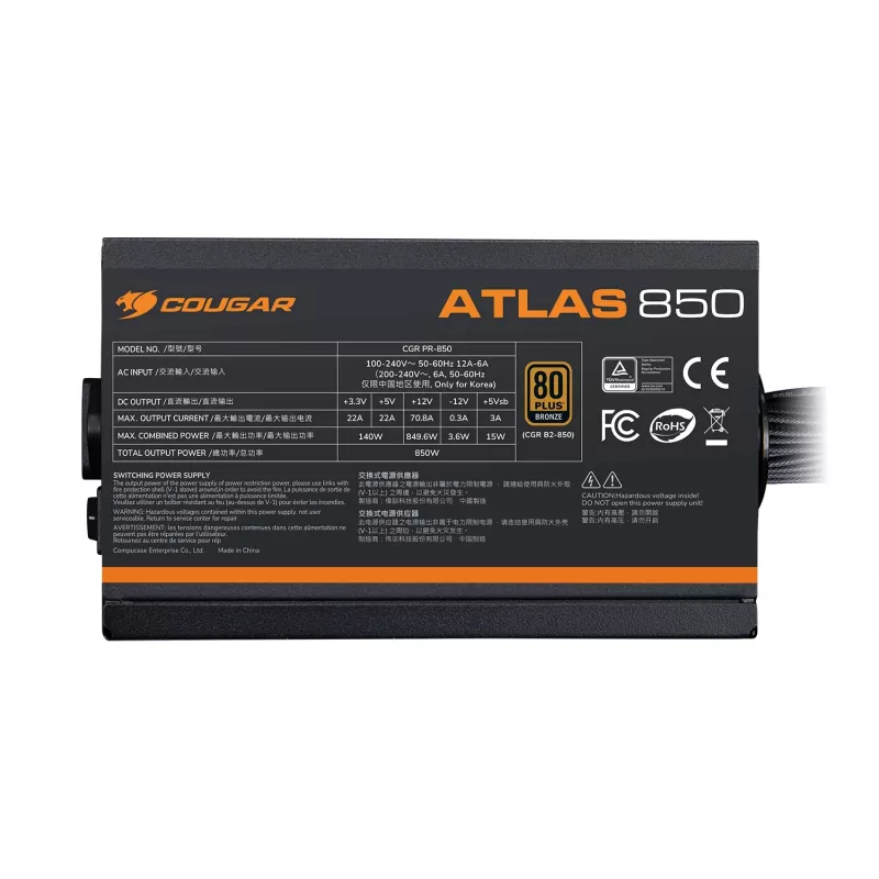 Fuente de alimentación Cougar ATLAS 650W ATX3.1 80 PLUS Bronze, 24-Pin-ATX, ventilador de 120 mm, negra