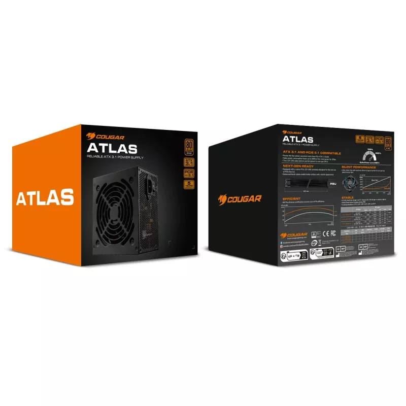 Fuente de alimentación Cougar ATLAS 750W ATX3.1 80 Plus Bronze, 750 W, 24-pol ATX, ventilador de 120 mm
