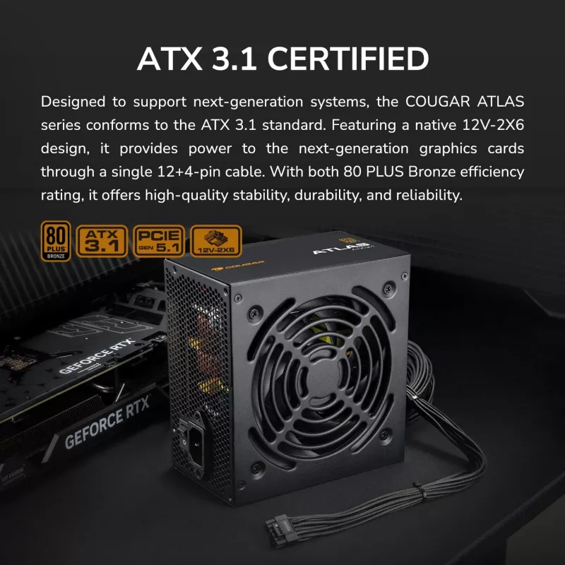 Fuente de alimentación Cougar ATLAS 750W ATX3.1 80 Plus Bronze, 750 W, 24-pol ATX, ventilador de 120 mm