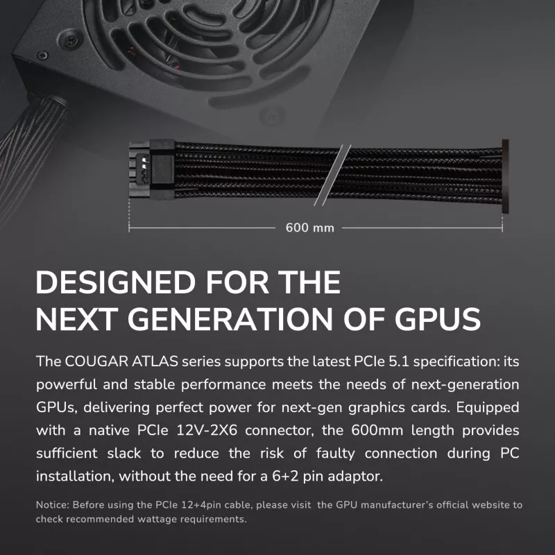 Fuente de alimentación Cougar ATLAS 750W ATX3.1 80 Plus Bronze, 750 W, 24-pol ATX, ventilador de 120 mm