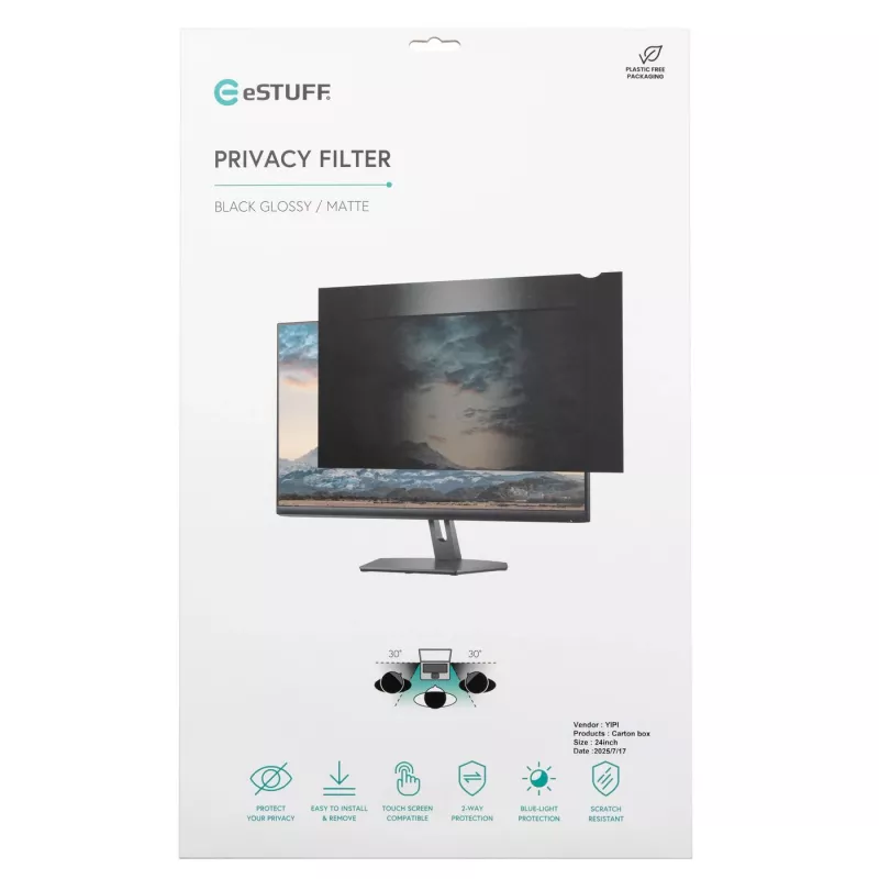 eSTUFF GLBB19408255 Filtro de privacidad, 19 pulgadas, 16:10 (408 x 255 mm), compatible con pantalla táctil