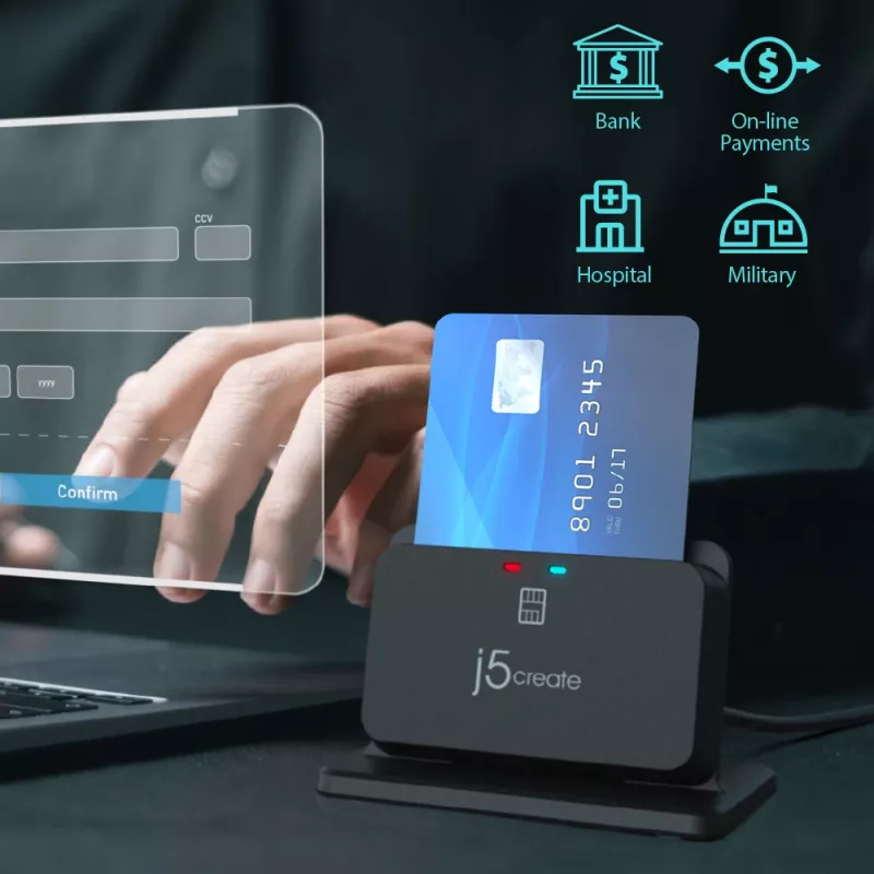 j5create JUR261 soporte lector USB™ Smart Card / CAC, USB Type-A/USB Type-C, negro, 95 g