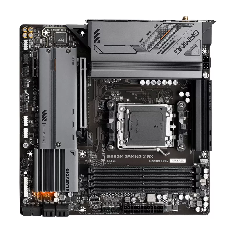 Placa base GIGABYTE B650M GAMING X AX — AMD B650, socket AM5, Micro ATX, DDR5, 4 DIMM, 2x M.2, Wi‑Fi 6E, 2.5GbE