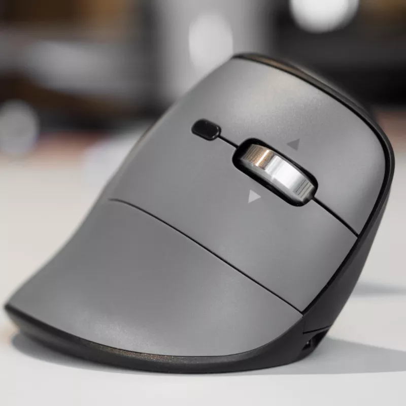 Ratón BakkerElkhuizen FastForward Pro, diestro, diseño vertical, óptico, RF Wireless + Bluetooth + USB Type-C, 5000 DPI, Negro, Gris