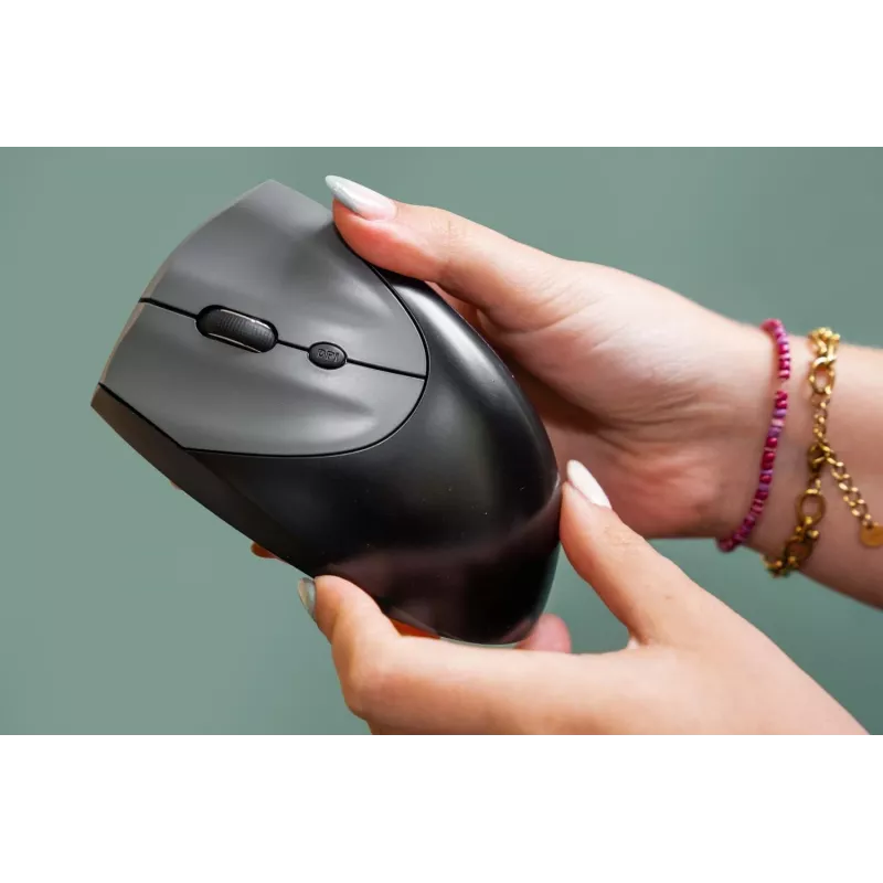 Ratón BakkerElkhuizen Handshake izquierdo, para zurdos, diseño vertical, óptico, RF inalámbrico + Bluetooth + USB Type-C, 6400 DPI, negro, gris