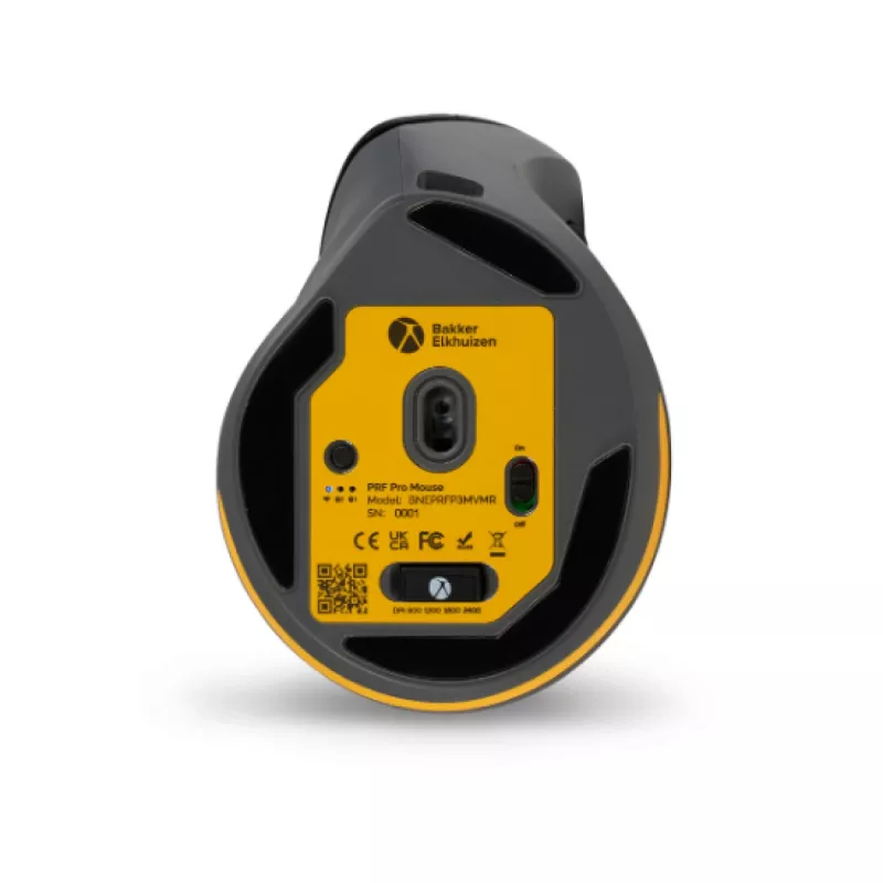 Ratón BakkerElkhuizen PRF Pro derecho, para diestros, diseño vertical, óptico, RF inalámbrico + Bluetooth + USB Type-C, 2400 DPI, negro, gris