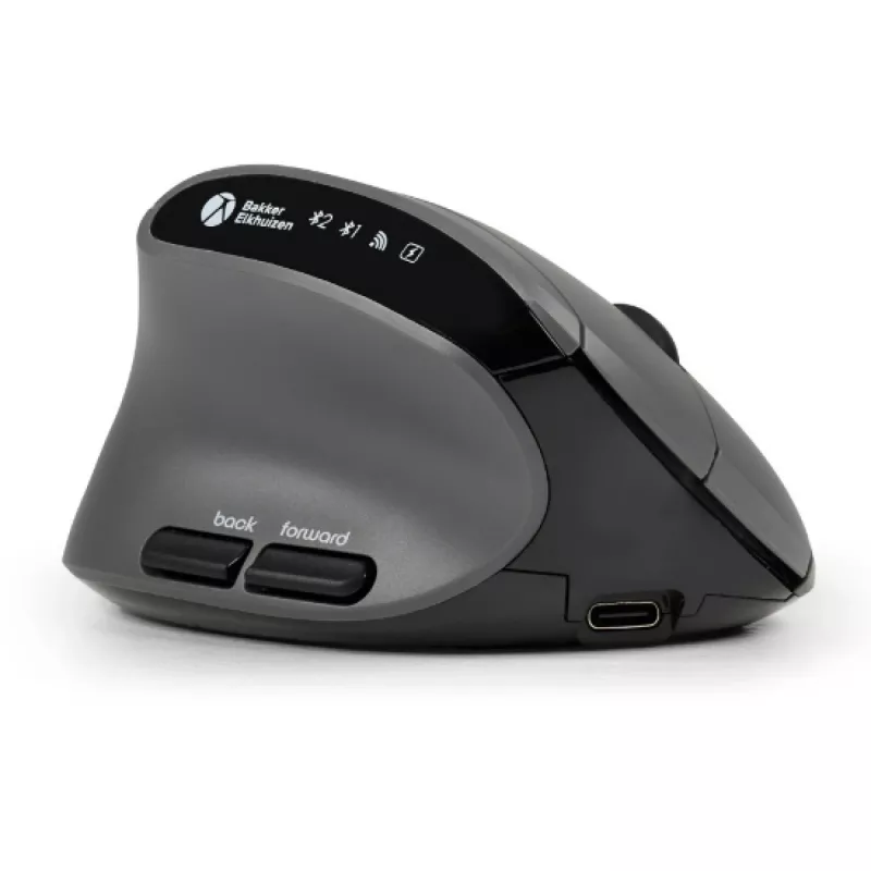 Ratón BakkerElkhuizen MidWay izquierdo, para zurdos, diseño vertical, óptico, RF inalámbrico + Bluetooth + USB Type-C, 2400 DPI, gris, negro