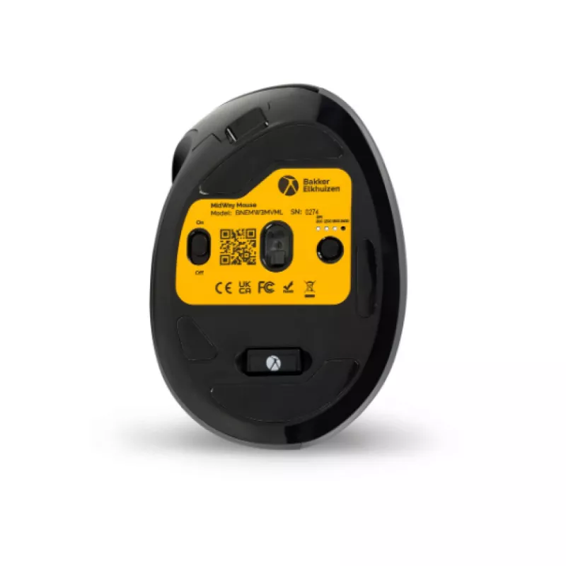 Ratón BakkerElkhuizen MidWay izquierdo, para zurdos, diseño vertical, óptico, RF inalámbrico + Bluetooth + USB Type-C, 2400 DPI, gris, negro