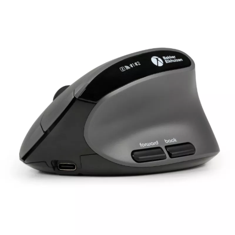 Ratón BakkerElkhuizen MidWay derecho, para diestros, diseño vertical, óptico, RF inalámbrico + Bluetooth + USB Type-C, 2400 DPI, gris, negro