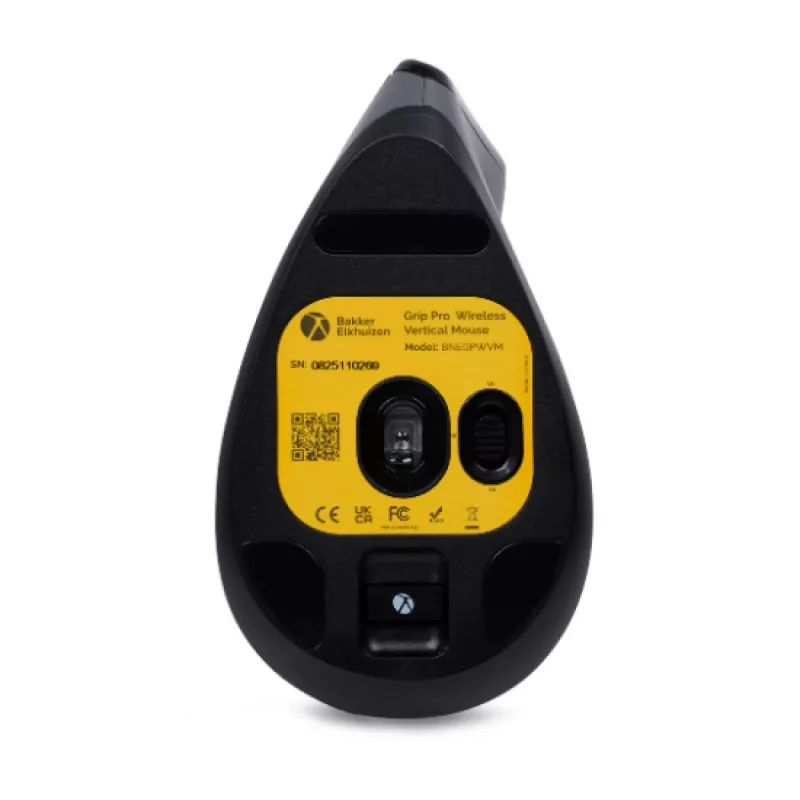 Ratón BakkerElkhuizen Grip Pro, para diestros, diseño vertical, óptico, RF inalámbrico, 2400 DPI, gris, negro, amarillo