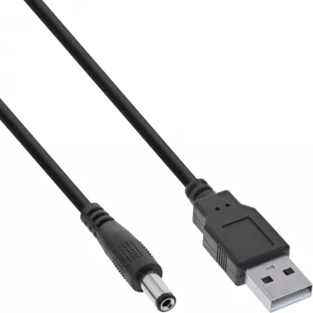 Cable adaptador de corriente USB-DC InLine, conector macho USB-A a conector hueco DC 5,5x2,10mm, negro, 1m