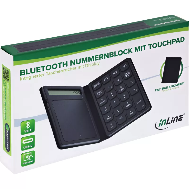 InLine 55379G Teclado numérico Bluetooth con panel táctil y pantalla, plegable, negro