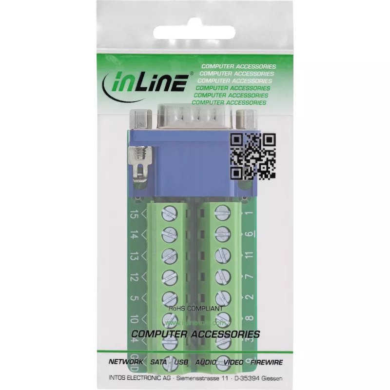 InLine 92503B Conector de cables regleta de bornes, VGA (HD15) azul, verde