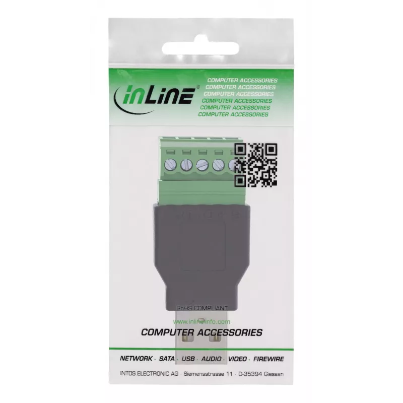 InLine 92504A Conector de cables USB-A / regleta de bornes, 5 polos negro, verde