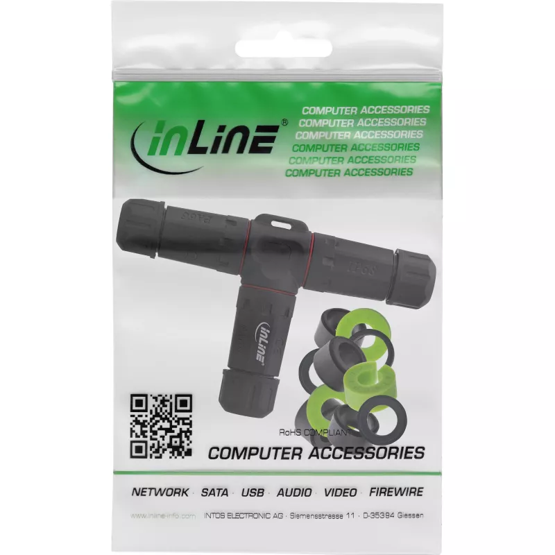 InLine 69927U Acoplador de red IP68, 3 polos, 3 vías (T), M20, negro