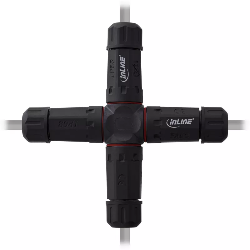 InLine 69927V Acoplador de red IP68, 3 polos, 4 vías (cruz), M20, negro